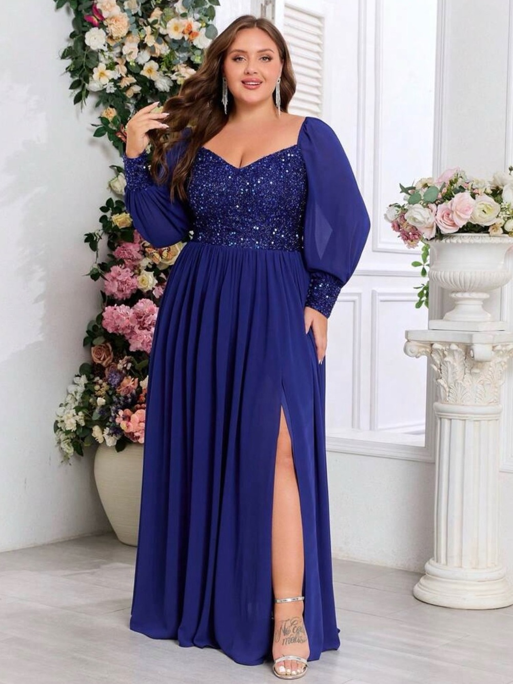 Plus-Size Navy Sequin & Chiffon Evening Gown